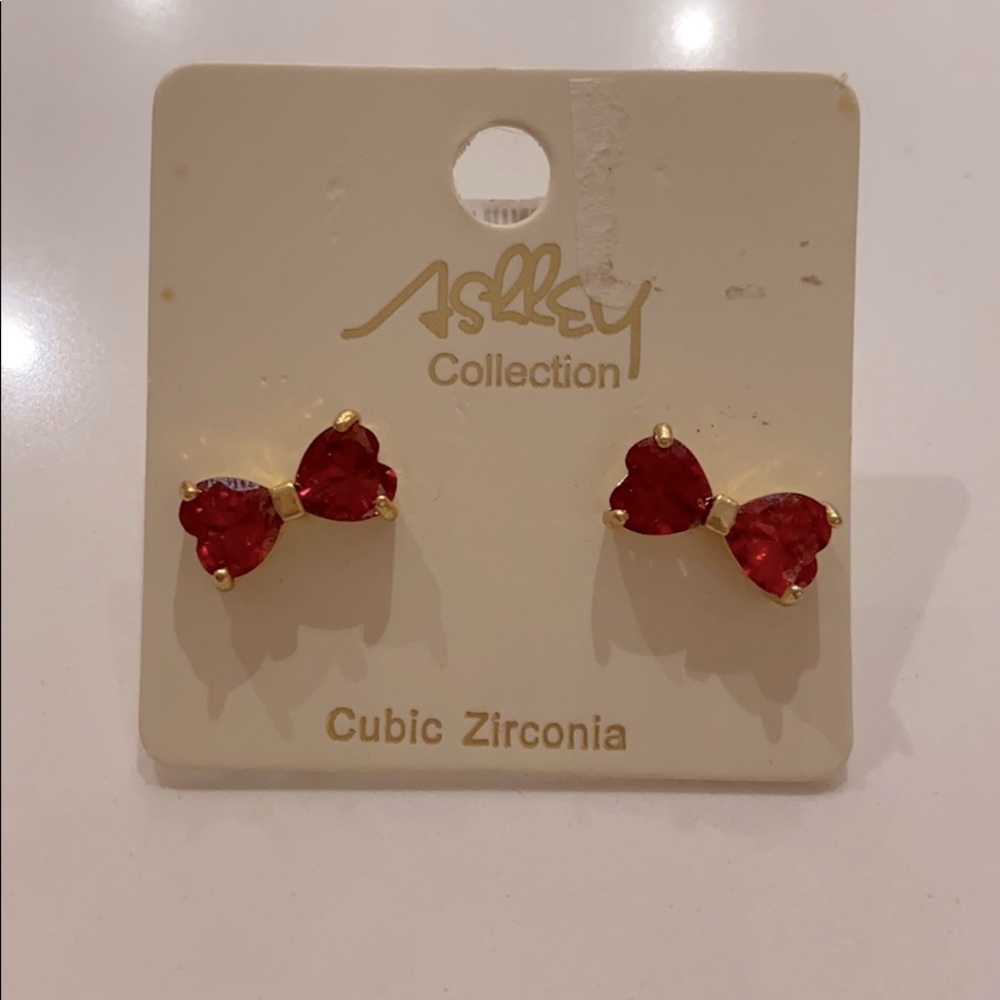 Red and Gold Heart Bow Stud Earrings